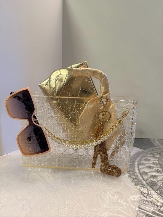 Handbags - Gold Mini Jelly tote with gold wristlet and Jessica Simpson sunglasses